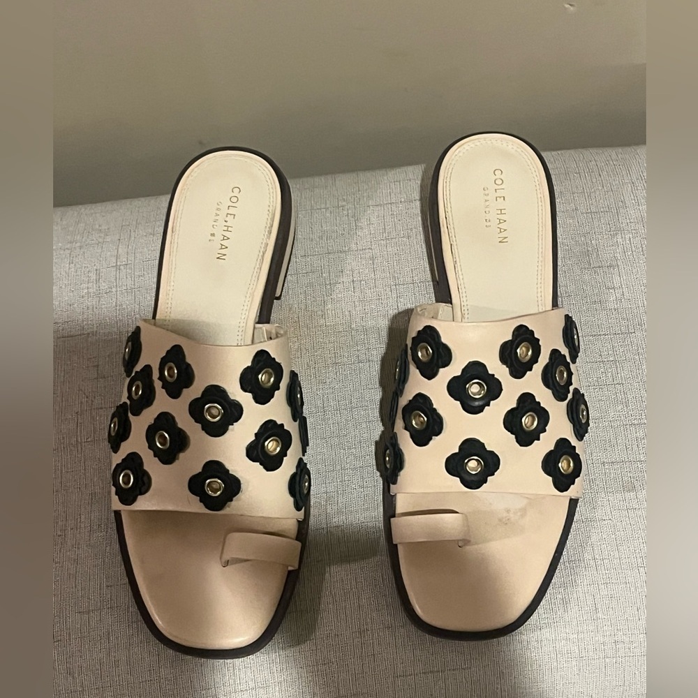 Cole Haan Beige Slide Sandals with Black Floral Studs